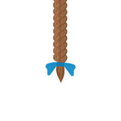 Brown hair braid tied with blue bow ribbon, isolated braided strand