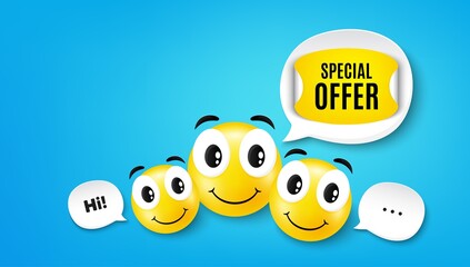 Special offer sticker. Smile face with speech bubble. Discount paper banner. Sale coupon tag icon. Smile face character. Special offer speech bubble icon. Chat background. Vector