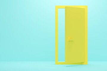 Blue studio background with yellow door. 3d rendering
