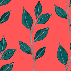 Watercolor seamless pattern with leaves. Bright summer or spring print for any purposes. Colorful hand drawn illustration. Vintage natural pattern. Organic background.	