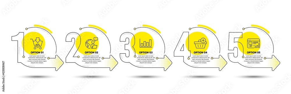 Poster web report, add purchase and report diagram line icons set. timeline process infograph. shopping sig