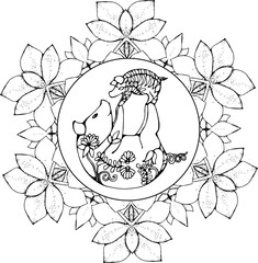 Cute pigs are doing pair yoga. Pig with a baby in the ornament. Flower mandala.