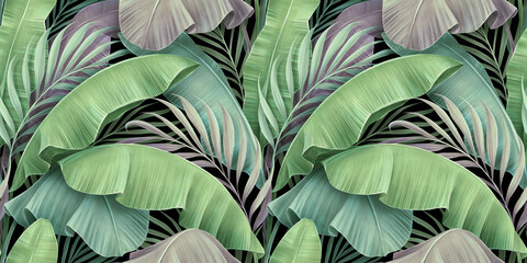 Tropical exotic seamless pattern. Beautiful textured pastel palm, banana leaves. Hand-drawn vintage 3D illustration. Glamorous abstract background design. Good for luxury wallpapers, fabric printing - 428808688