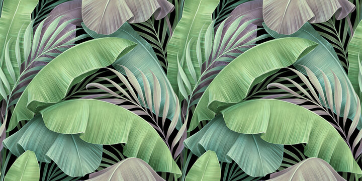Tropical exotic seamless pattern. Beautiful textured pastel palm, banana leaves. Hand-drawn vintage 3D illustration. Glamorous abstract background design. Good for luxury wallpapers, fabric printing