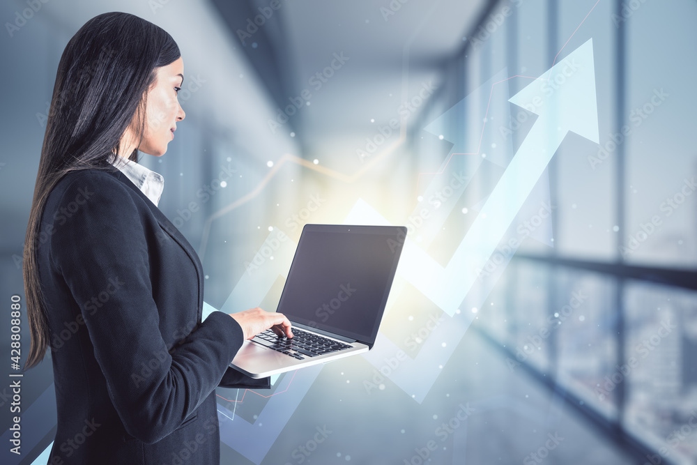 Poster investing and stock market concept with trader woman working on laptop in front of digital growing a