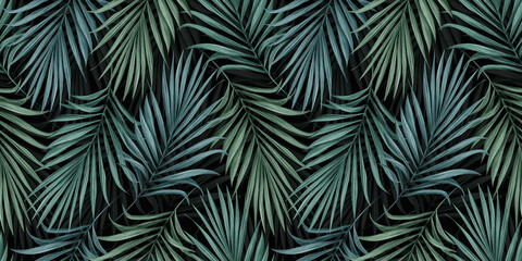 Naklejka na ściany i meble Tropical exotic seamless pattern with green blue color palm leaves. Hand-drawn vintage illustration, background and textured design. Good for production wallpapers, cloth, fabric printing, goods