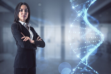 Leader genes for success in business concept with confident businesswoman and virtual spiral dna icon
