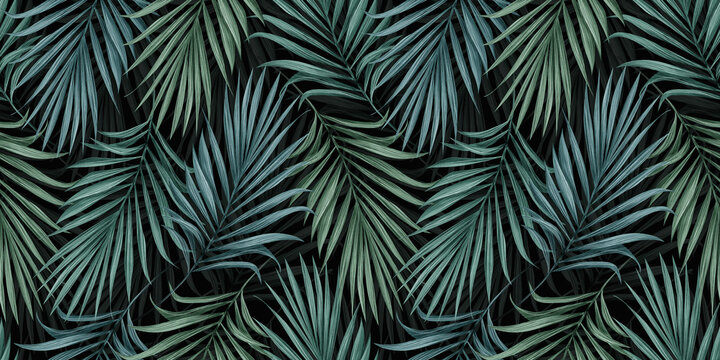 Tropical exotic seamless pattern with green blue color palm leaves. Hand-drawn vintage illustration, background and textured design. Good for production wallpapers, cloth, fabric printing, goods