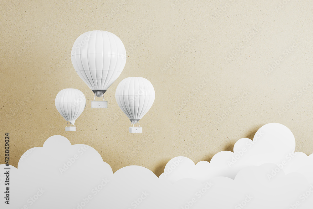 Poster white air balloons flying on a golden background with white clouds. fantasy and idea concept, 3d ren