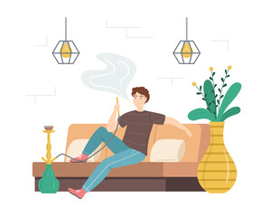 Fototapeta premium Cartoon Color Character Person Male Smoking in Hookah Bar Concept. Vector