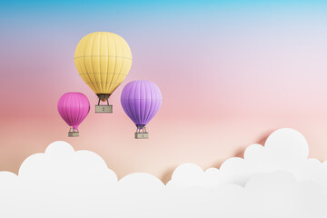 Fototapeta premium Yellow, pink and purple air balloons flying on a bright background with white clouds. Fantasy and idea concept, 3d rendering