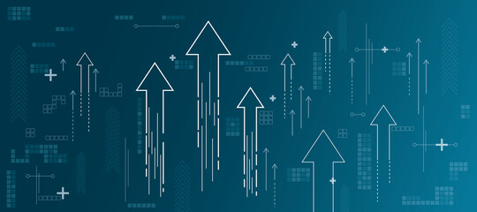 Growth concept with growing arrows, plus signs, pixel symbols and lines on abstract blue shadow background