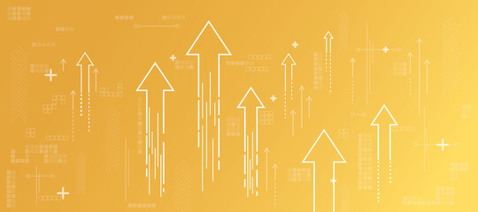 Start up and idea concept with white growing arrows, plus signs, pixel symbols and lines on abstract yellow background