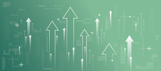 Direction to success concept with white growing arrows, plus signs, pixel symbols and lines on abstract green background
