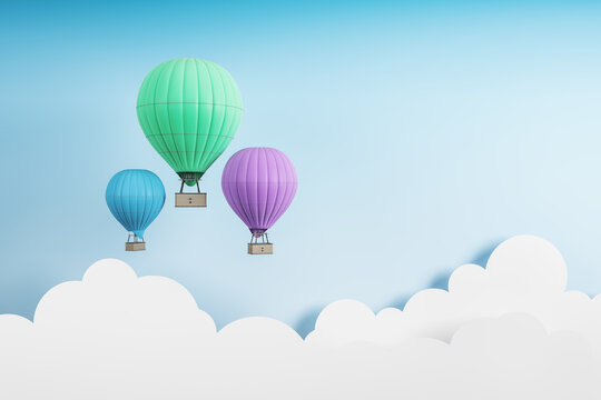 Green, blue and purple air balloons flying on a blue background with white clouds. Fantasy and idea concept, 3d rendering