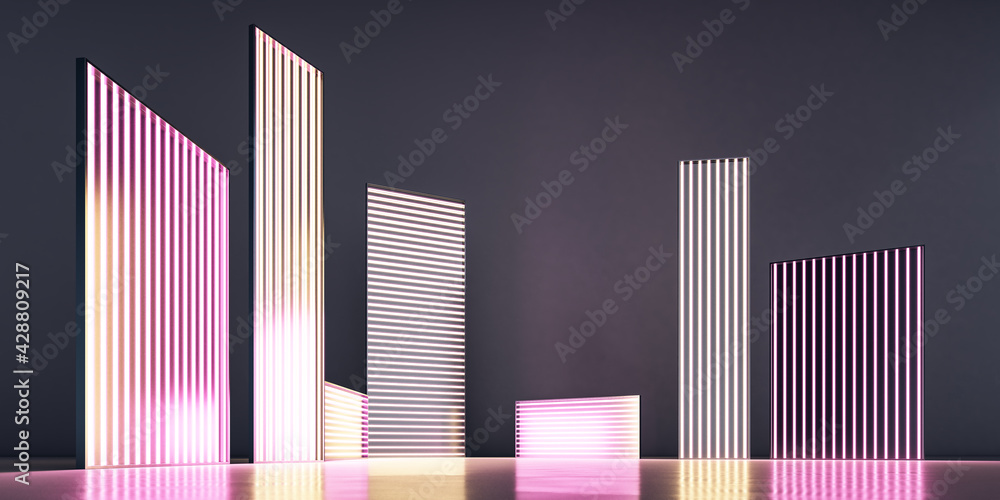 Poster pink and golden neon light bars of different height in an empty space. modern exhibition and install
