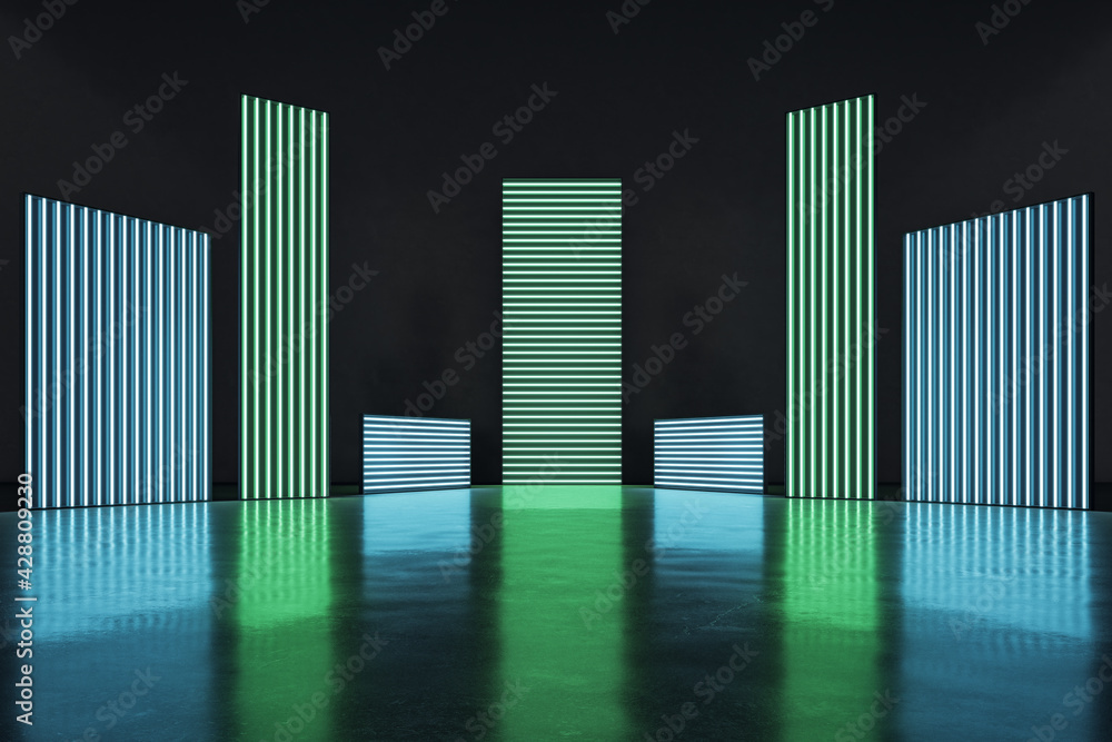 Poster green and blue neon light bars of different height in an empty dark space, modern exhibition and sho