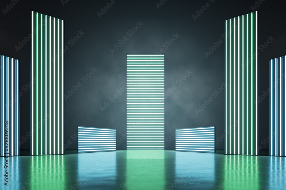 Poster green and blue neon light bars of different height in an empty dark space with some smoke, modern ex