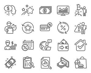 Finance icons set. Included icon as Accounting report, Pay, Payment signs. Loan percent, Calendar discounts, Wallet symbols. Banking, Loyalty points, Bitcoin project. Statistics, Cash. Vector