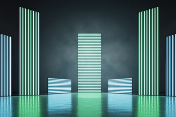 Green and blue neon light bars of different height in an empty dark space with some smoke, modern exhibition and advertising concept, 3d rendering, mock up