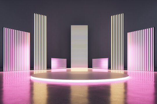 Pink and golden neon light bars of different height with an empty podium in the middle of an blank space, modern exhibition and showroom concept, 3d rendering, mock up