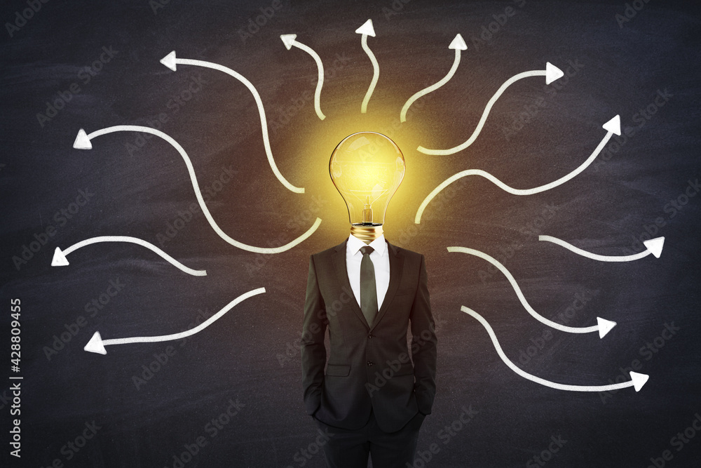 Poster Brainstorming and creative concept with businessman with glowing light bulb instead of head with arrows directed in different directions on dark background