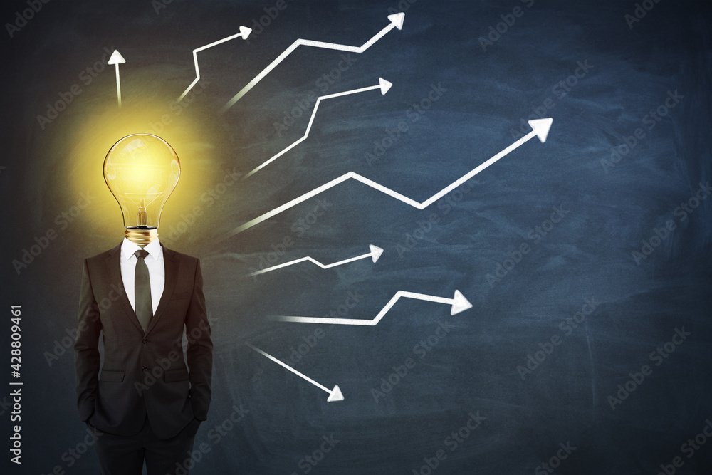 Poster creative idea and business concept with man in black suit with light bilb on shoulders on blackboard
