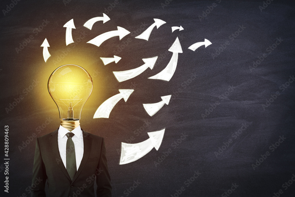 Aufkleber Businessman with a lightbulb instead of head with bent arrows up and forward on a dark background. Idea and inspiration concept
