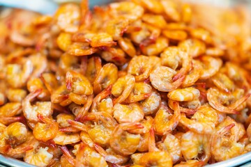 Close up of thai sweet glass shrimp, thai street food market