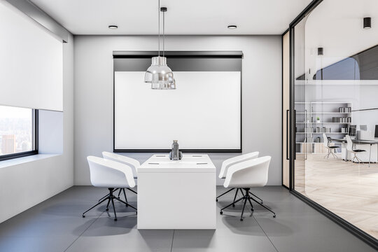 Modern small whiteboard room design with concrete floor and glass wall