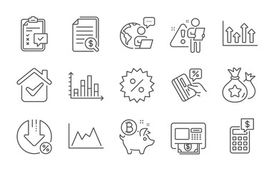 Diagram, Diagram graph and Bitcoin coin line icons set. Upper arrows, Financial documents and Credit card signs. Loan percent, Checklist and Discount symbols. Line icons set. Vector