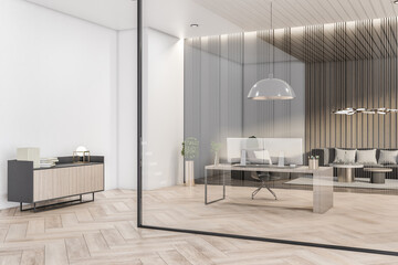 Private executive room with glass wall in a bright modern office with wooden floor and white walls