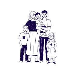 The hand drawn monochrome family standing in embrace. Mother, father, daughter, son, teen, siblings. Vector illustration in sketch doodle style.