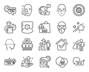 Science icons set. Included icon as Education idea, Stop coronavirus, Face scanning signs. Euler diagram, Full rotation, Face recognition symbols. Augmented reality, Employees group. Vector