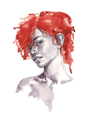 Fototapeta premium Portrait of a girl in monochrome with red fantasy hair - watercolor fashion illustration - woman face art drawing -Contemporary portrait