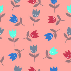Seamless tulip pattern with red blue green tulips on orange background. Flower background. Flower wallpaper.