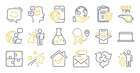 Set of Technology icons, such as Puzzle, Augmented reality, Survey checklist symbols. Mobile internet, Laptop, Messages signs. Save planet, Smile chat, Chemistry lab. Recycle, Tutorials. Vector