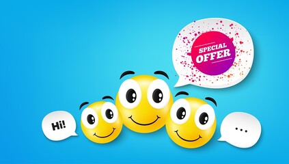 Special offer sticker. Smile face with speech bubble. Discount banner shape. Sale coupon bubble icon. Smile face character. Special offer speech bubble icon. Chat background. Vector