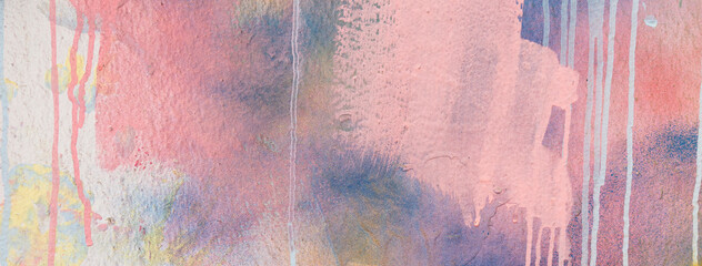 Pink, blue, white painter plastered wall background with colorful drips, flows, streaks of paint and paint sprays