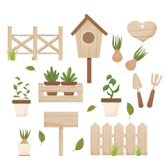 Set spring gardening wooden fence, birdhouse, flowerpot, hyacinth and wooden box isolated on white background. Textured, detailed objects decoration, beige elegant color in cartoon style.