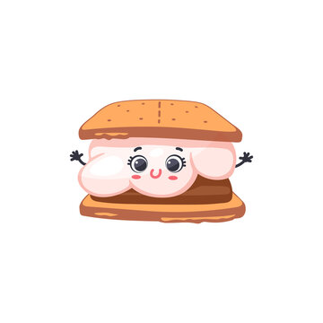 Smore With Marshmallow With Kawaii Face, Cartoon Vector Illustration Isolated.