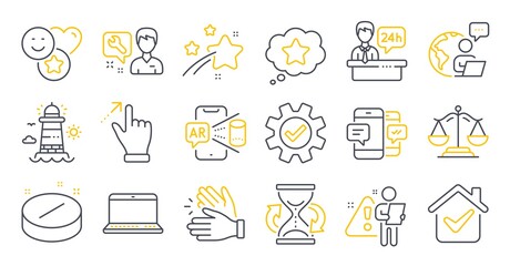 Set of line icons, such as Lighthouse, Justice scales, Smile symbols. Reception desk, Service, Notebook signs. Augmented reality, Touchscreen gesture, Repairman. Medical tablet, Hourglass. Vector