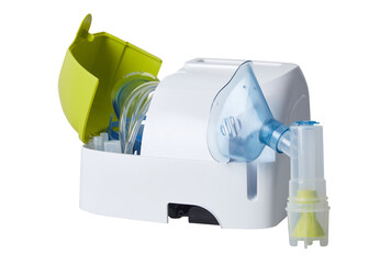  Medical equipment for inhalation with respiratory mask. Nebulizer isolated on white background...