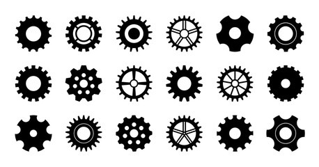 Gear icon. Cogwheel for industry. Gearwheel of engine. Circle wheel with cogs for machinery. Set of silhouette for technical, mechanism, clock and factory. Black icons of metal gearwheel. Vector