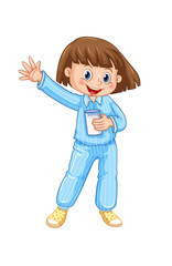 Girl in blue pajamas with glass of milk