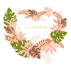Fototapeta na wymiar Decorated heart with colorful tropical leaves. Vector invitation template.