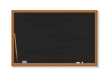 School blackboard. Chalkboard with chalk, pointer, sponge. Black board with wood frame for classroom. Blank wooden texture isolated on white background. Banner for class, teacher, university. Vector