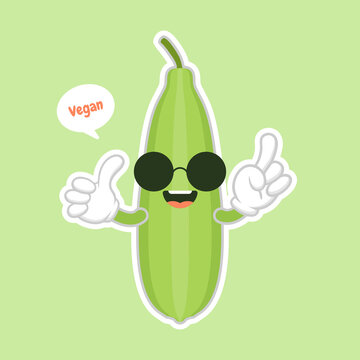 Cute and kawaii Luffa cartoon character. Loofah (Luffa acutangula), or sponge gourd, vegan plant. Hand drawn botanical vector illustration. Loffa vegetarian plant. Vegetable vector illustration