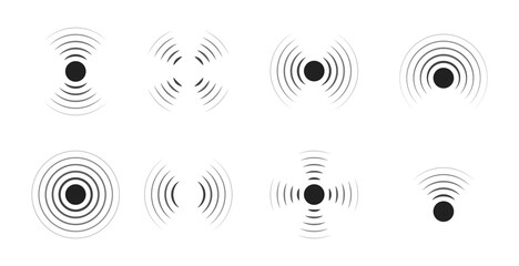 Wave sonar. Radar with signal. Icon of pulse. Concentric sound circle. High sonic frequency with vibration in air. Noise and energy from speaker. Symbol of radio, military protection and scan. Vector