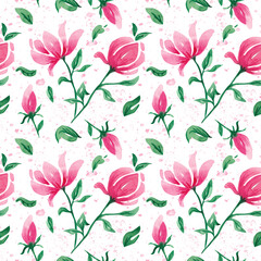 Watercolor seamless pattern with flowers pink Magnolias. Hand drawn.